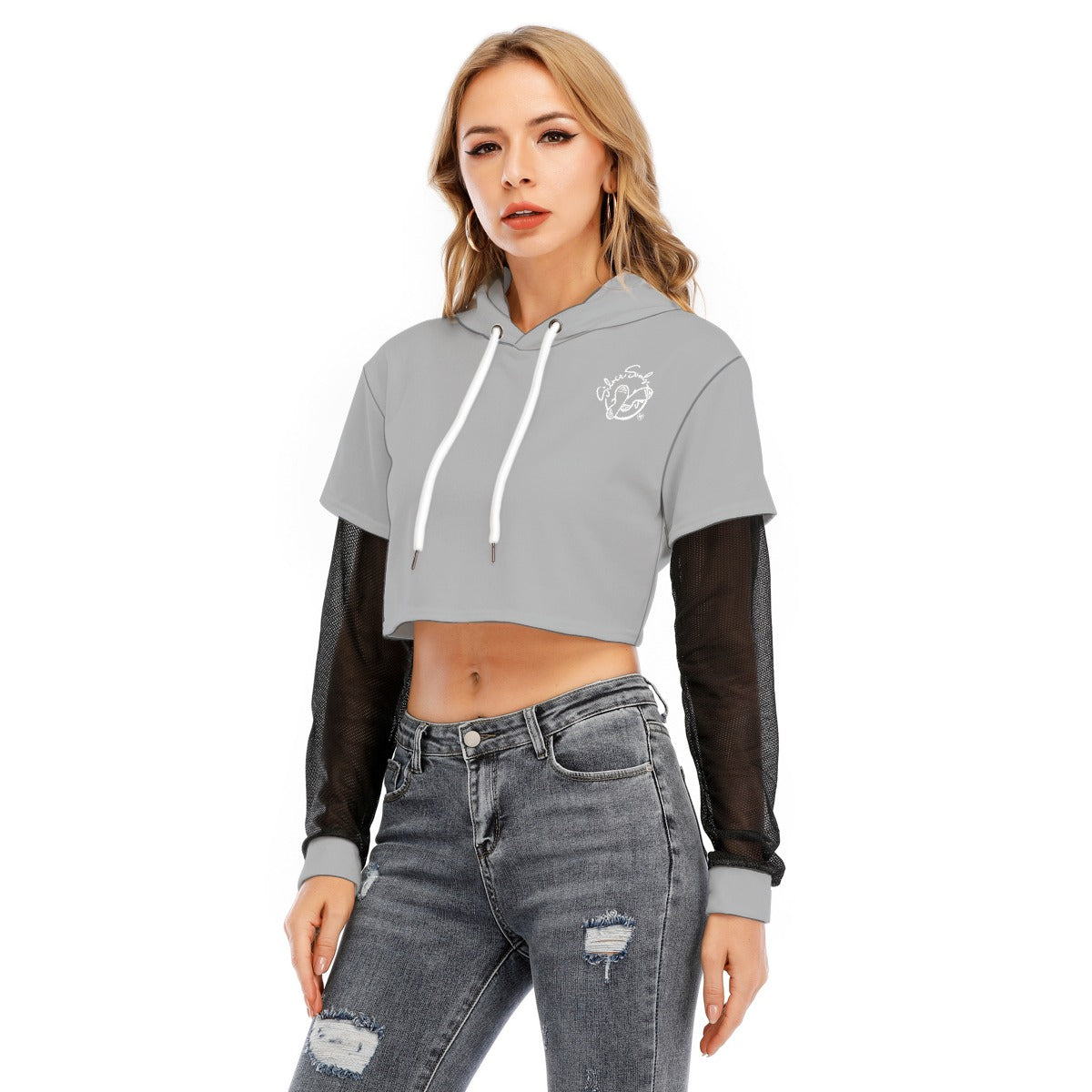 All-Over Print Women's Fake Two-piece Mesh Sleeve Cropped Hoodie