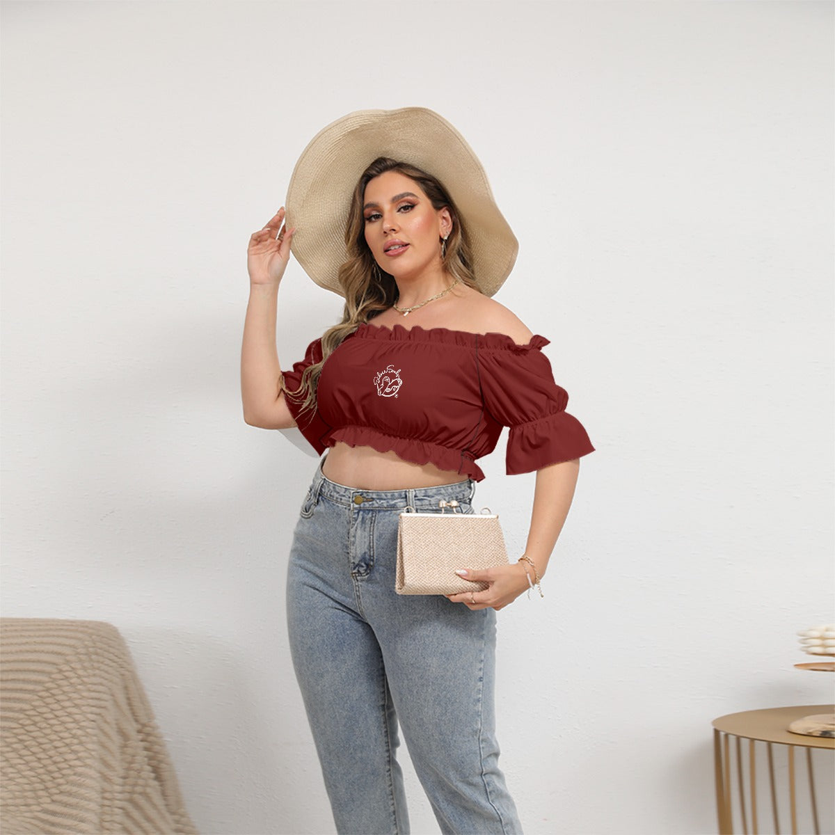 All-Over Print Women's Off-shoulder Cropped Top With Short Puff Sleeve