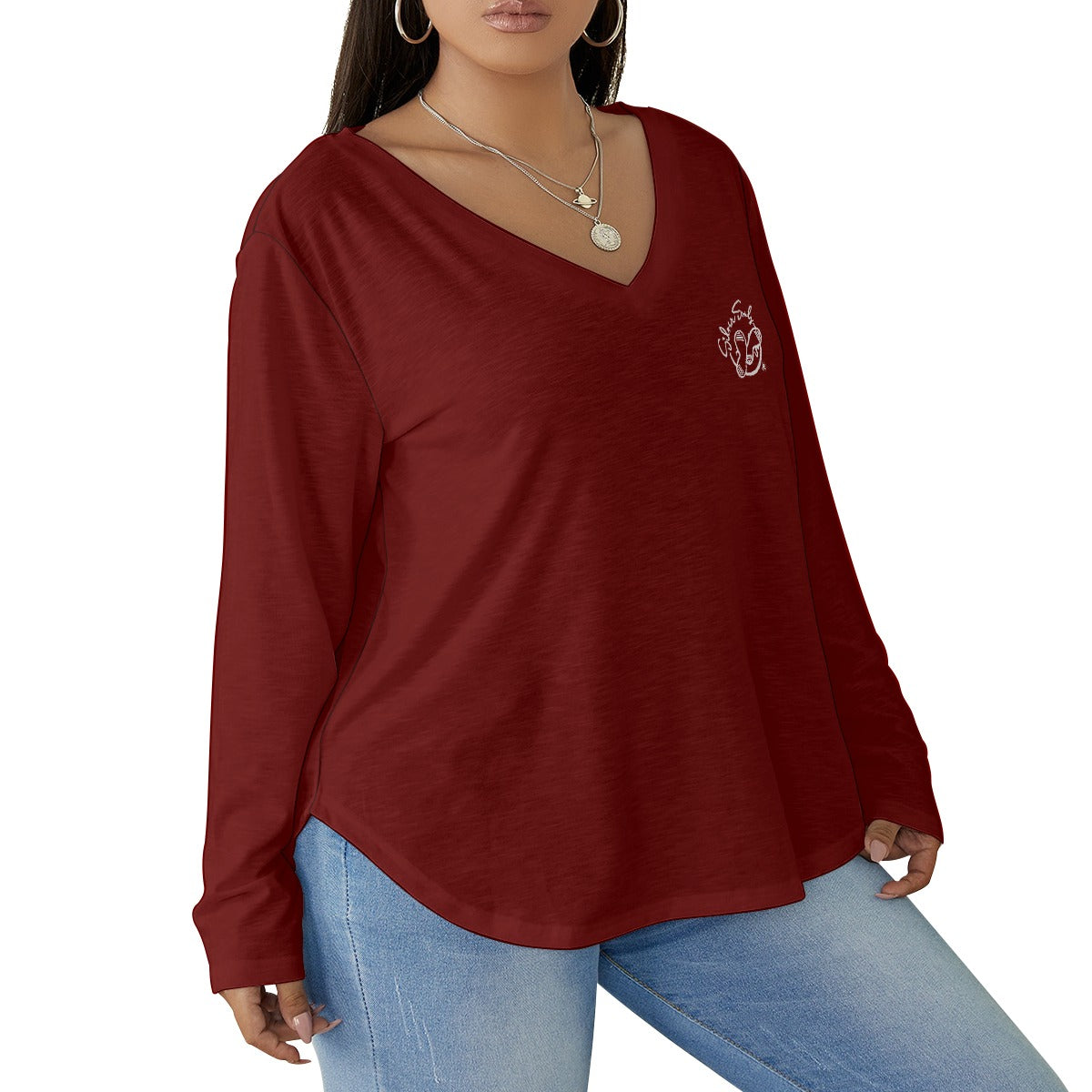 All-Over Print Women's V-neck T-shirt With Curved Hem(Plus Size)