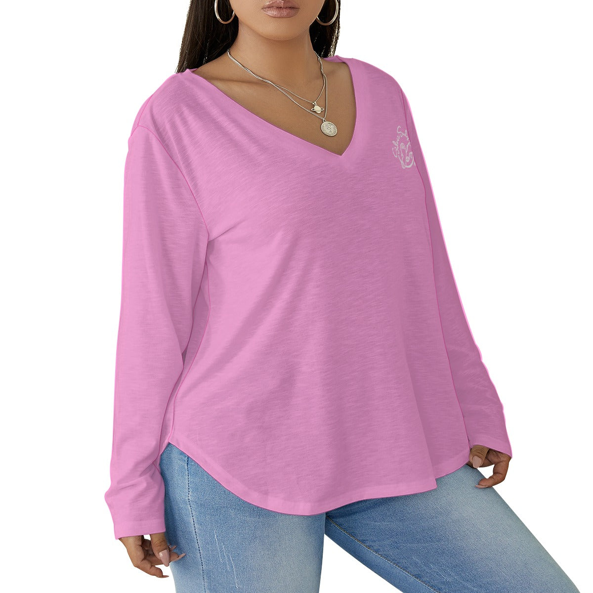 All-Over Print Women's V-neck T-shirt With Curved Hem(Plus Size)