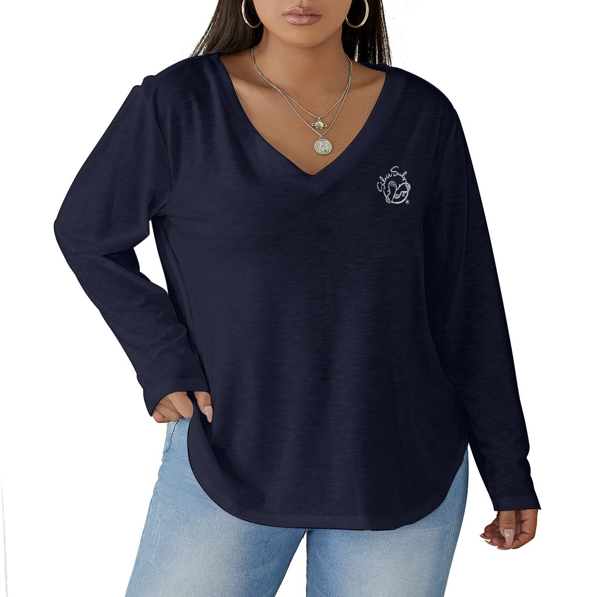 All-Over Print Women's V-neck T-shirt With Curved Hem(Plus Size)