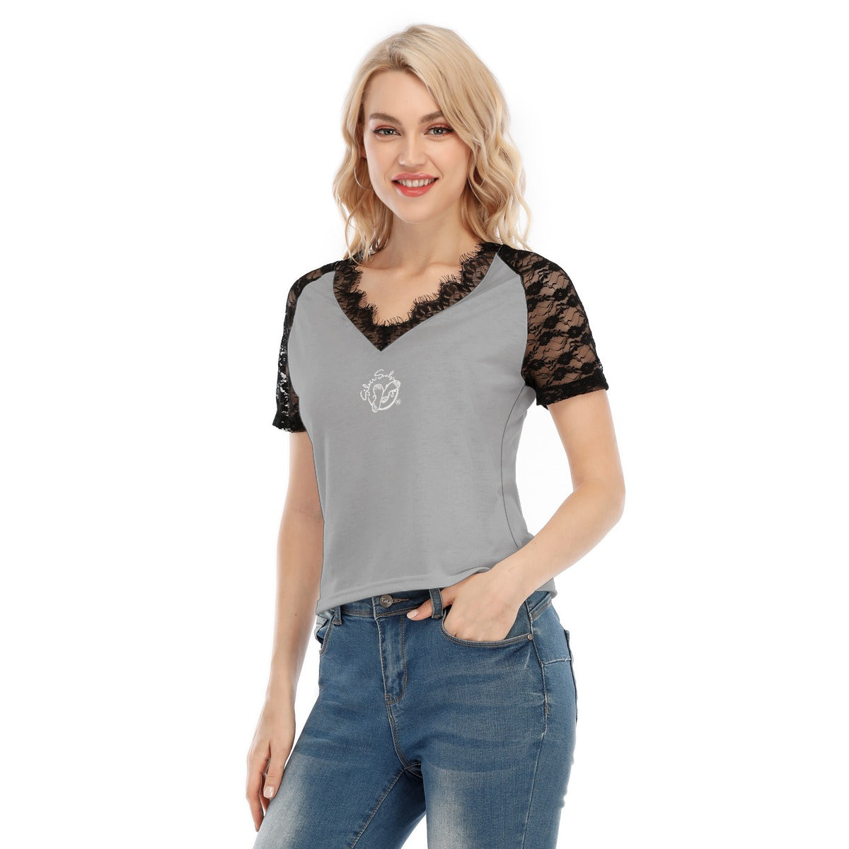 All-Over Print Women's V-neck T-shirt With Lace