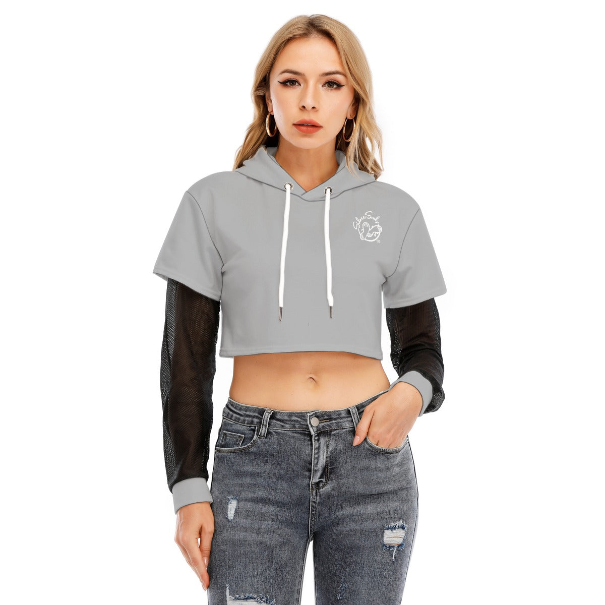 All-Over Print Women's Fake Two-piece Mesh Sleeve Cropped Hoodie