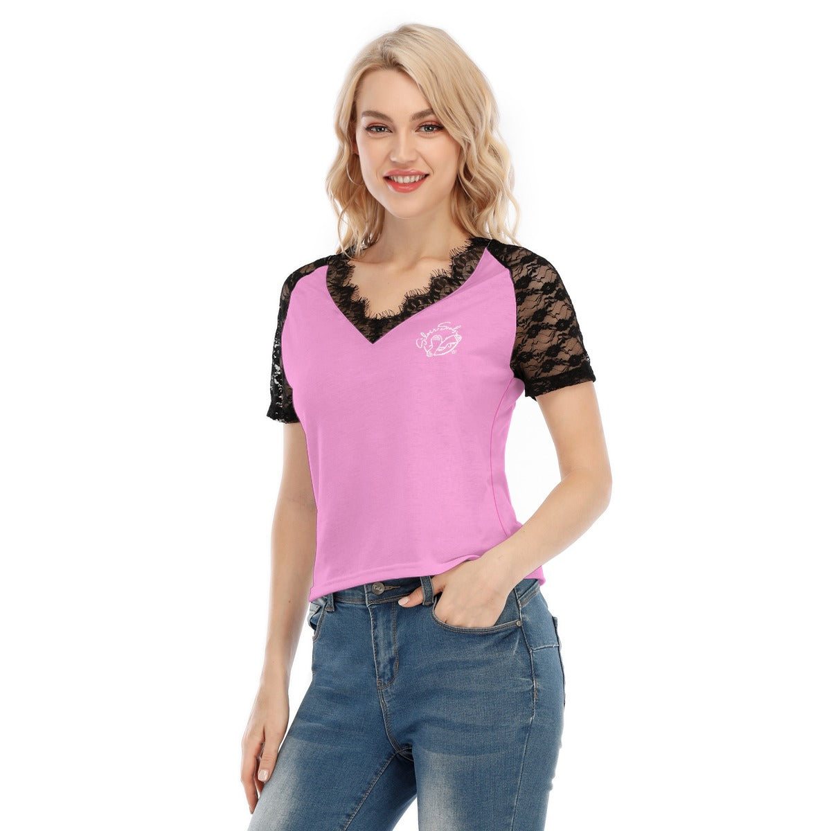 All-Over Print Women's V-neck T-shirt With Lace