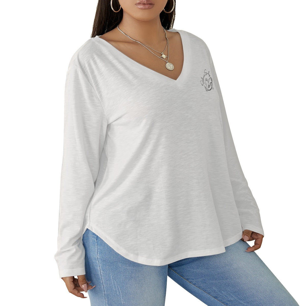 All-Over Print Women's V-neck T-shirt With Curved Hem(Plus Size)