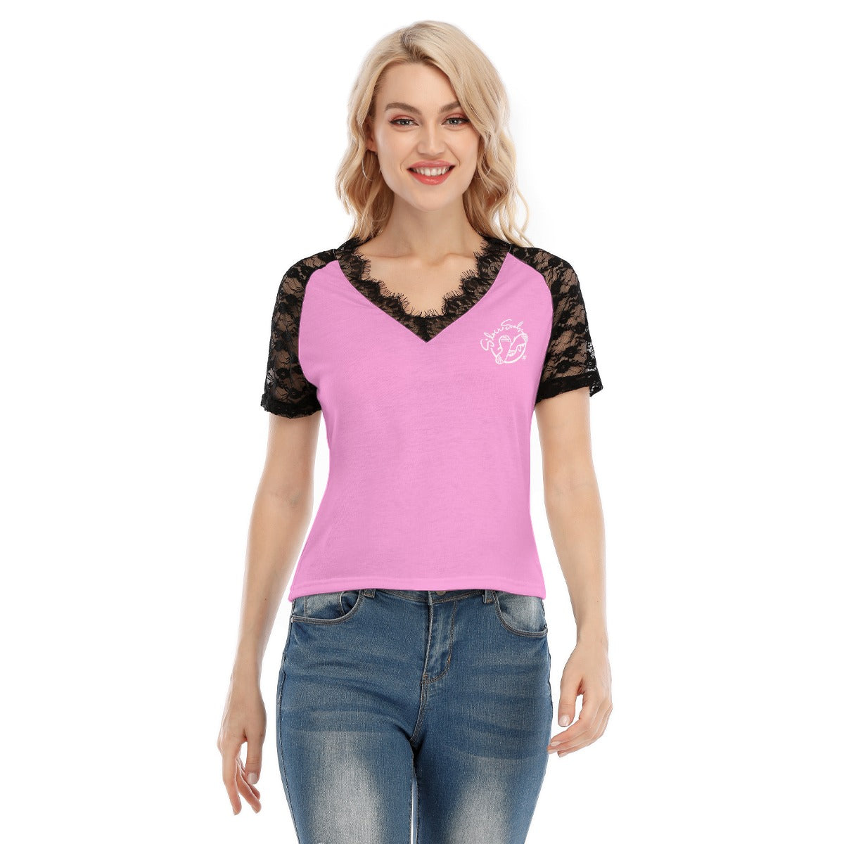 All-Over Print Women's V-neck T-shirt With Lace