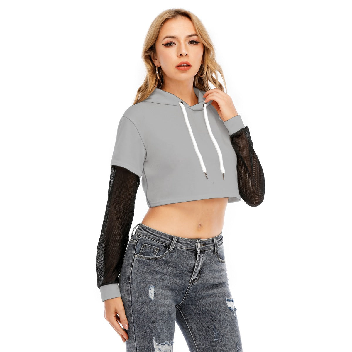 All-Over Print Women's Fake Two-piece Mesh Sleeve Cropped Hoodie