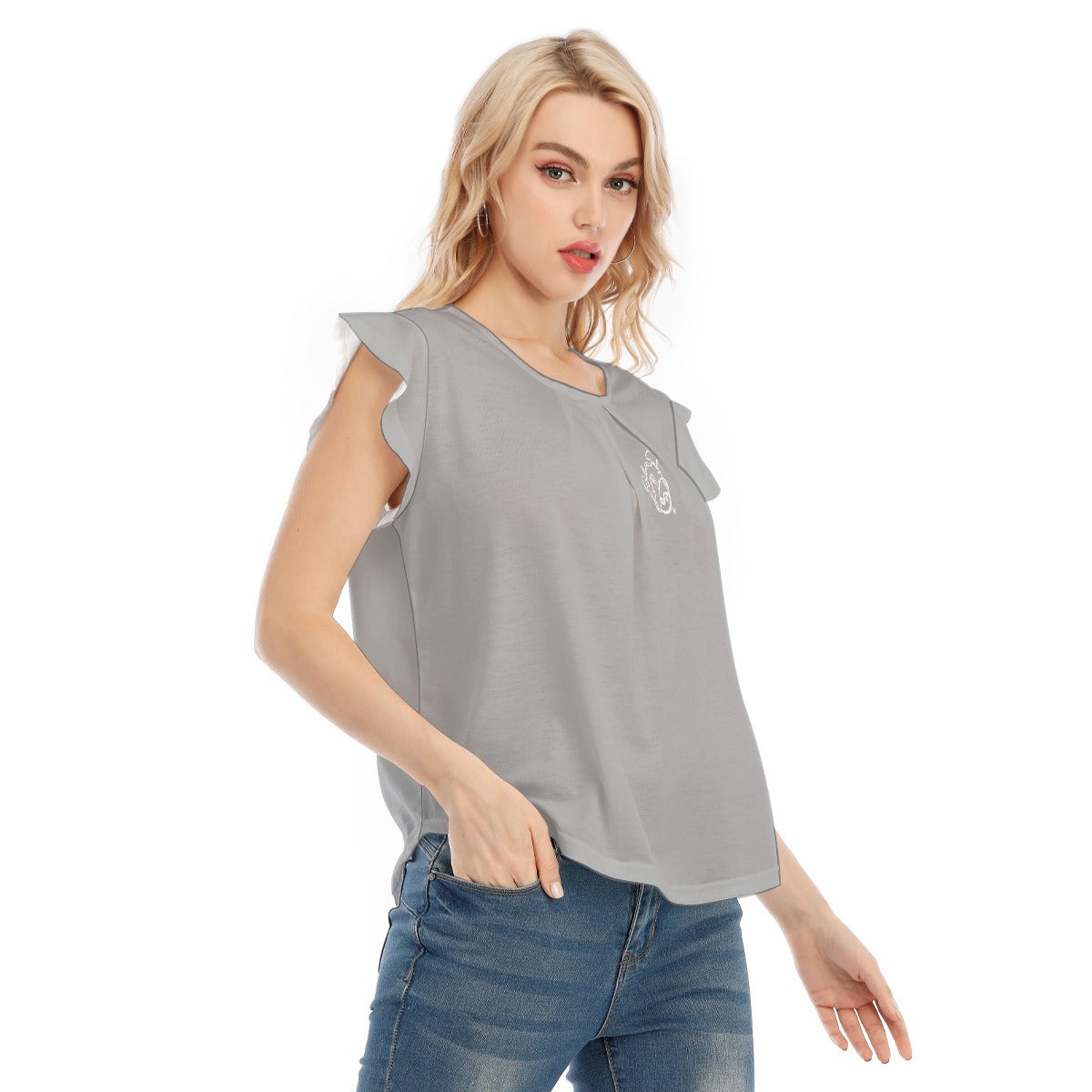 All-Over Print Women's O-neck T-shirt With Ruffle Sleeves