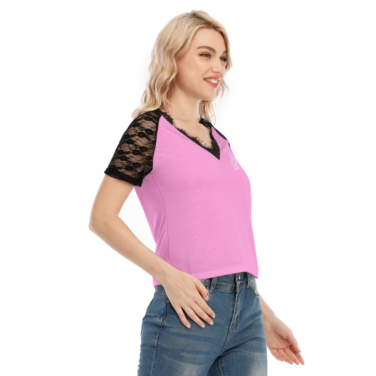 All-Over Print Women's V-neck T-shirt With Lace