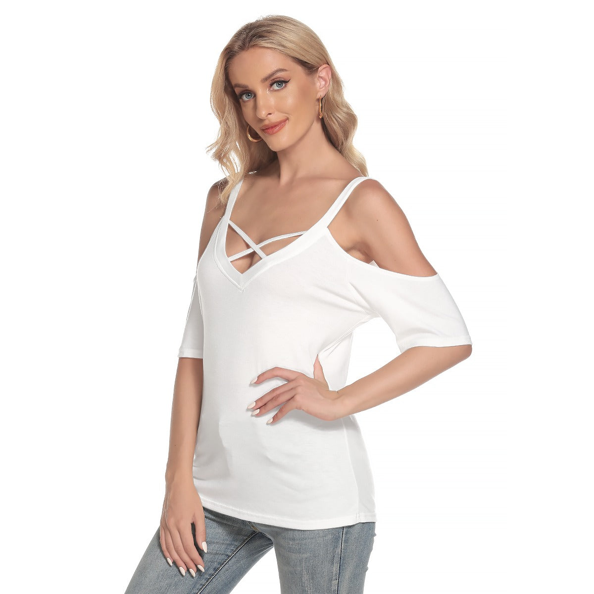 All-Over Print Women's Cold Shoulder T-shirt With Criss Cross Strips