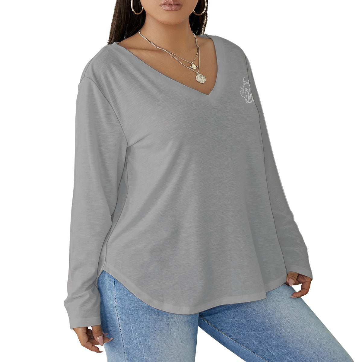 All-Over Print Women's V-neck T-shirt With Curved Hem(Plus Size)