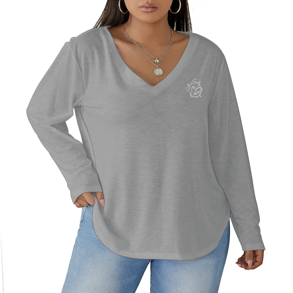 All-Over Print Women's V-neck T-shirt With Curved Hem(Plus Size)