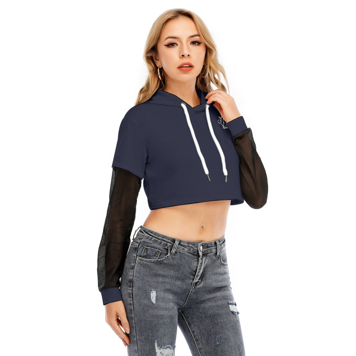 All-Over Print Women's Fake Two-piece Mesh Sleeve Cropped Hoodie