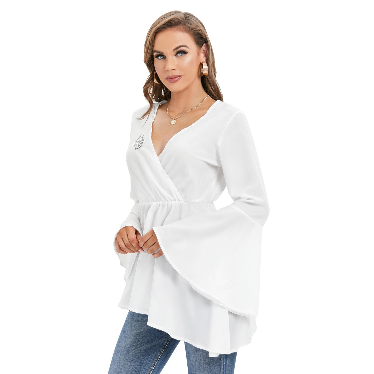 All-Over Print Women's V-neck Blouse With Flared Sleeves