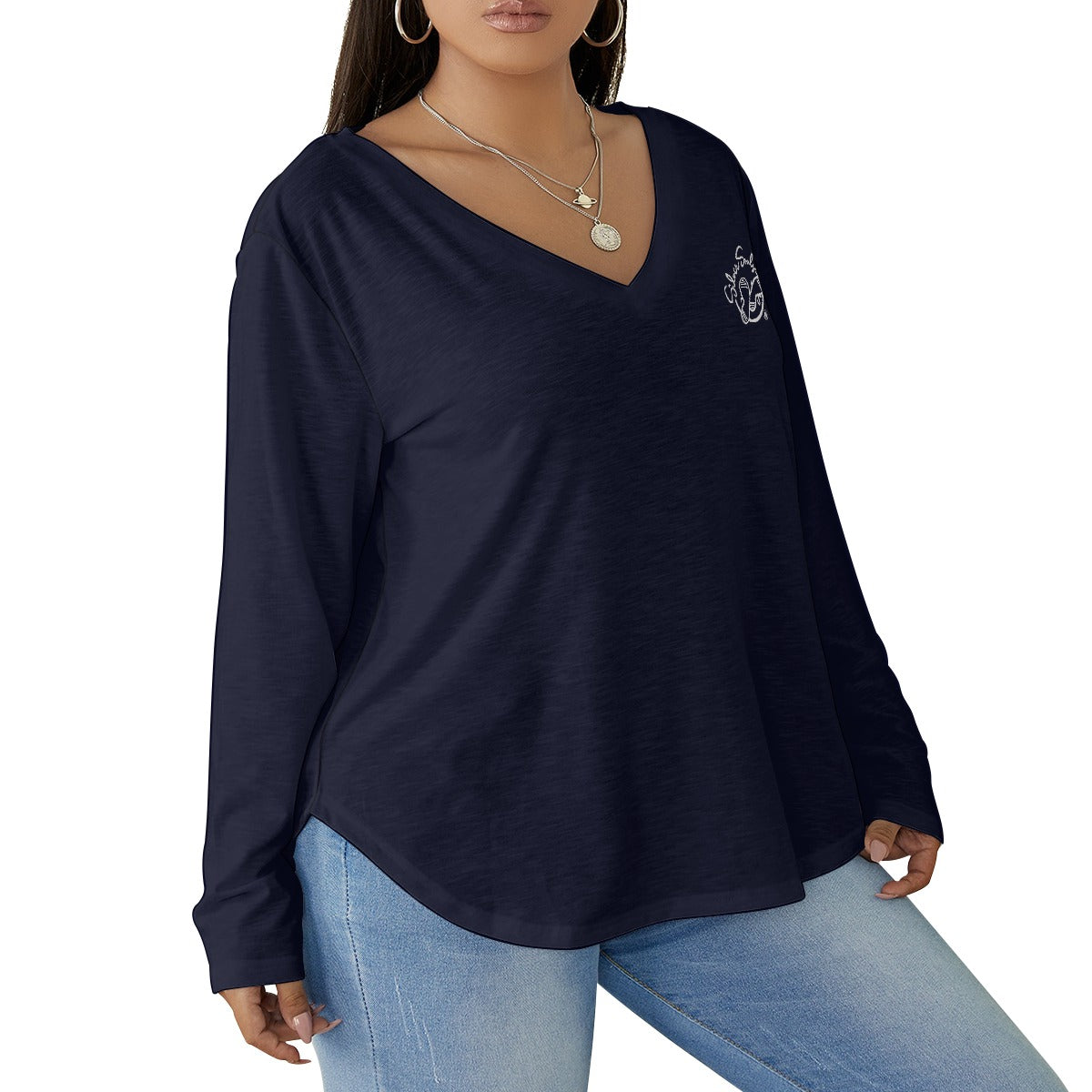 All-Over Print Women's V-neck T-shirt With Curved Hem(Plus Size)