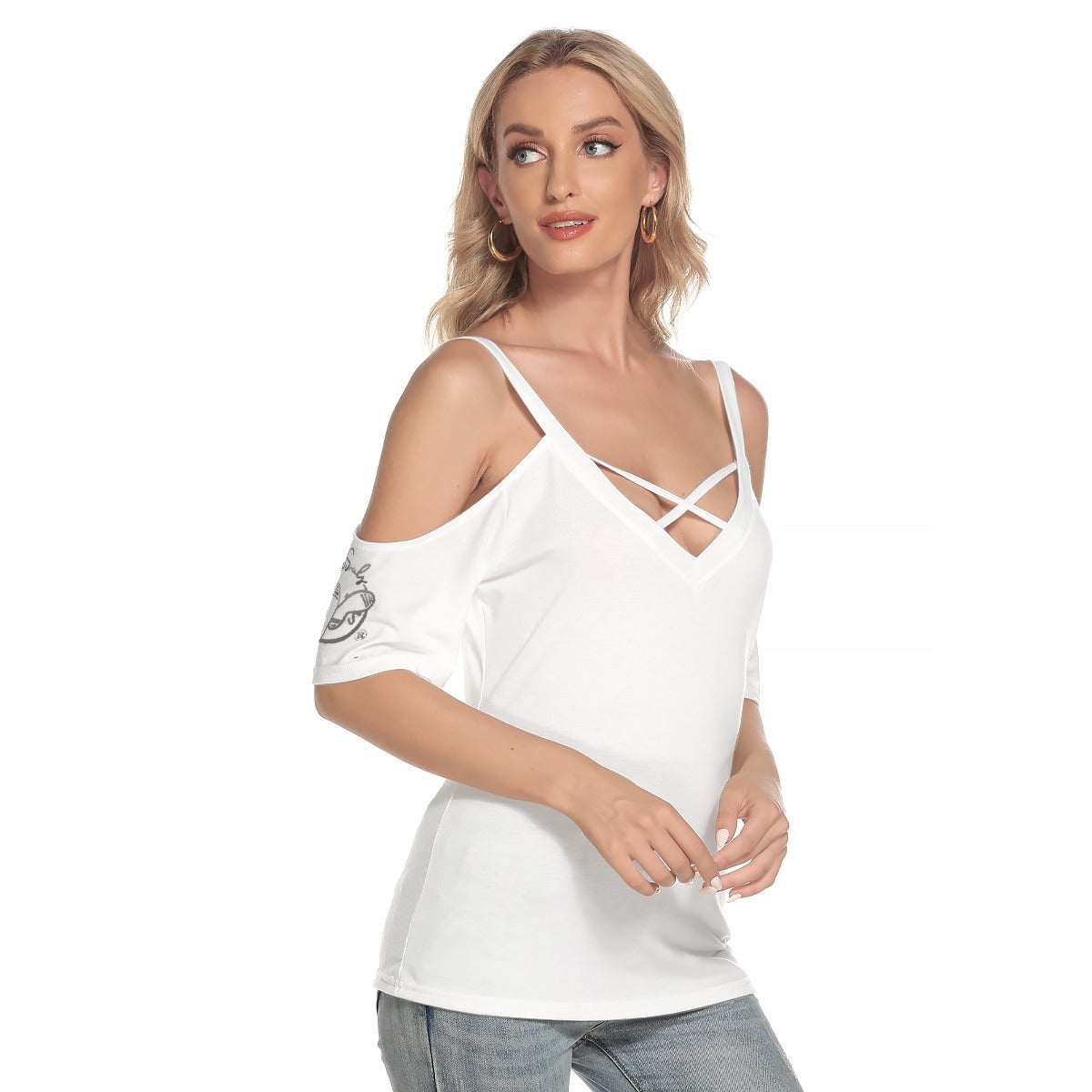 All-Over Print Women's Cold Shoulder T-shirt With Criss Cross Strips